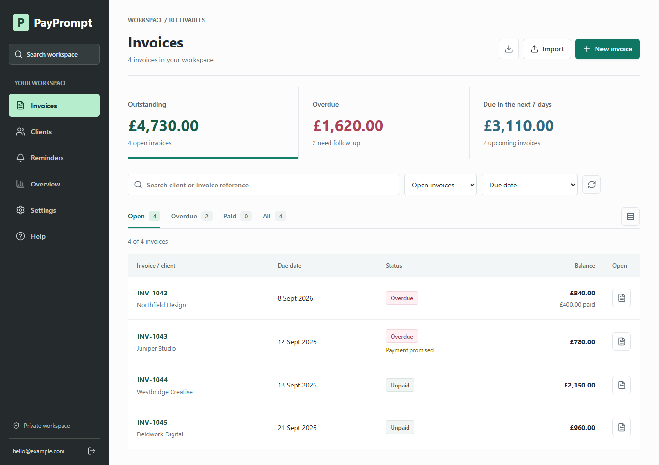 PayPrompt invoice workspace showing sample clients, due dates, partial payments and outstanding balances.